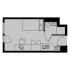 Modern studio apartment floor plan with a cozy living space, integrated kitchen, and compact bathroom.