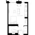 Contemporary floor plan at Pearl Yard Bermondsey featuring a spacious open-concept living, kitchen, and dining area, a cozy bedroom, balcony, and efficient storage solutions in 401 sq ft.