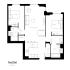 Contemporary floor plan of Pearl Yard apartment featuring 2 bedrooms, open living area, modern kitchen, and ensuite bathroom.