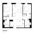 Elegant floor plan of Pearl Yard apartment featuring modern open-concept living, dining area, and kitchen, with 2 bedrooms, utility corner, and ample storage space. Perfect for comfortable urban living.
