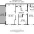 Modern ground floor plan with 966 sq.ft, featuring a spacious balcony, open kitchen/lounge, two cozy bedrooms, an ensuite bathroom, and convenient storage closets.