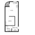 Modern ground floor apartment floor plan with a kitchen, cozy bedroom, bathroom, entrance hall, and a charming balcony.