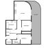 Chic ground floor plan featuring 2 bedrooms, spacious kitchen, and a large balcony.