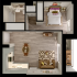 Chic apartment floor plan showcasing a spacious bedroom, modern kitchen, cozy living area, and elegant bathroom with balcony access.