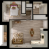 Contemporary open-concept floor plan featuring one bedroom, a modern kitchen, stylish living area, and a bathroom, perfect for urban living.