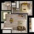 Modern floor plan highlighting a cozy one-bedroom layout with open living and dining area, stylish kitchen, and chic bathroom.