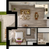 Chic 1-bedroom apartment floor plan featuring an open living area, modern kitchen, stylish bathroom, and private outdoor terrace with lush greenery.