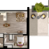 Chic 1-bedroom apartment floor plan featuring an open living area, modern kitchen, and spacious terrace with garden views.