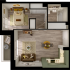 Contemporary apartment floor plan featuring a cozy bedroom, stylish open living area with a dining nook, modern kitchen with sleek cabinetry, and a well-appointed bathroom.
