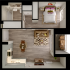 Modern apartment floor plan featuring a cozy bedroom, stylish bathroom, open-concept kitchen, and inviting living room with balcony.