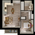 Chic floor plan featuring 1 bedroom, modern kitchen, inviting living area, elegant bathroom, and a cozy balcony space.