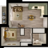 Contemporary 1-bedroom apartment floor plan with open-concept living area, stylish kitchen, and private balcony.