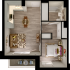 Chic apartment floor plan showcasing an elegant open-concept living area, cozy bedroom, modern kitchen, and stylish bathroom with a private balcony.