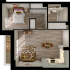 Charming floor plan featuring a cozy bedroom, inviting open-concept living and dining area, sleek kitchen, modern bathroom, and a stylish balcony.