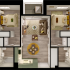 Modern floor plan showcasing two cozy bedrooms, a stylish living room, and a sleek kitchen with dining area, enhanced by elegant hardwood floors.