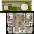 Elegant floor plan showcasing two spacious bedrooms, a cozy living room, a modern kitchen, and a private outdoor patio with greenery.