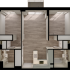 Contemporary floor plan featuring a spacious open layout with two bedrooms, elegant flooring, and a modern kitchen perfect for urban living.