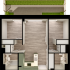 Modern floor plan featuring open-concept living space, sleek kitchen, two cozy bedrooms, and lush garden patio.