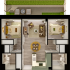 Modern 2D floor plan featuring 2 spacious bedrooms, an inviting living area, and a stylish kitchen with lush garden views.