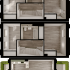 Modern 3D floor plan with three levels, showcasing staircases, spacious rooms, and a rooftop terrace with lush greenery.