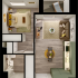 Chic floor plan highlighting a cozy bedroom, stylish open-concept living and dining area, modern kitchen, and private balcony retreat.