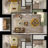 Elegant floor plan showcasing a modern 2-bedroom layout with open-plan living room, stylish kitchen, cozy balcony, and two well-appointed bathrooms.