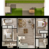 Modern floor plan showcasing a spacious 2-bedroom apartment with open-concept living and dining area, sleek kitchen, and a private outdoor patio.