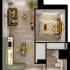 Modern 1-bedroom apartment floor plan with open kitchen, cozy living area, and elegant bathroom layout.