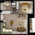 Elegant 1-bedroom floor plan featuring an open-concept living and dining area, modern kitchen, and cozy balcony with a stylish design.