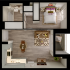 Modern 1-bedroom apartment floor plan with cozy living area, integrated kitchen, stylish bathroom, and inviting balcony.
