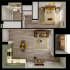 Elegant 2D floor plan featuring a cozy bedroom, modern kitchen, inviting living area, spacious bathroom, and a charming balcony.