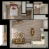 Contemporary apartment floor plan showcasing a spacious bedroom, modern bathroom, open-concept living room, and a stylish kitchen with dining area.