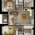 Elegant apartment floor plan showcasing two cozy bedrooms, a chic open-concept living area, and a modern kitchen with stylish decor.