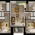 Modern 3D floor plan showcasing two cozy bedrooms, stylish living room, elegant dining area, and fully equipped kitchen, ideal for comfortable urban living.