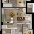 Contemporary 2D floor plan featuring two cozy bedrooms, a sleek kitchen, and a warm living area with stylish decor.