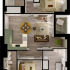 Chic floor plan showcasing 3 bedrooms, an open living and dining area, a modern kitchen, and a cozy balcony.