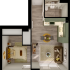 Modern apartment floor plan with cozy bedroom, sleek bathroom, stylish kitchen, and inviting living room.