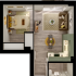 Modern 1-bedroom apartment floor plan featuring open-concept living and dining area, sleek kitchen, and stylish bathroom.