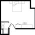 Cozy and efficient floor plan featuring a comfortable bedroom, modern bathroom, and a well-organized workspace.