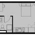 Compact and efficient floor plan featuring a cozy bedroom, modern kitchen, and well-appointed bathroom for urban living.