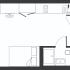 Compact floor plan showcasing a sleek studio layout with a modern kitchen, cozy living space, and efficient bathroom design.