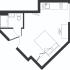 Compact studio floor plan featuring a cozy living area, functional kitchenette, and modern bathroom layout.