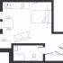 Modern studio apartment floor plan featuring an open-concept living space, cozy bedroom, efficient kitchen layout, and a compact bathroom.