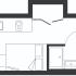 Chic studio apartment floor plan featuring a compact kitchen, cozy sleeping area, and modern bathroom layout.