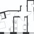 Modern apartment floor plan with two bedrooms, sleek kitchen, and cozy living area in a unique layout.