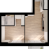 Contemporary floor plan featuring a streamlined kitchen, cozy living area, and stylish bathroom with natural wood flooring.