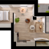 Charming apartment floor plan featuring a cozy bedroom, stylish open-concept living area, modern kitchen, and a private balcony.