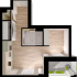 Modern 2D apartment floor plan featuring a spacious bedroom, sleek kitchen, cozy living area, and stylish bathroom.