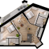 Modern 3D floor plan featuring two cozy bedrooms, a stylish open-concept kitchen and living area, plus a scenic balcony with outdoor seating.