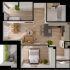 Modern floor plan featuring an open-concept living room, stylish kitchen with island seating, cozy dining area, bright bedroom, luxurious bathroom, and a private balcony with greenery.